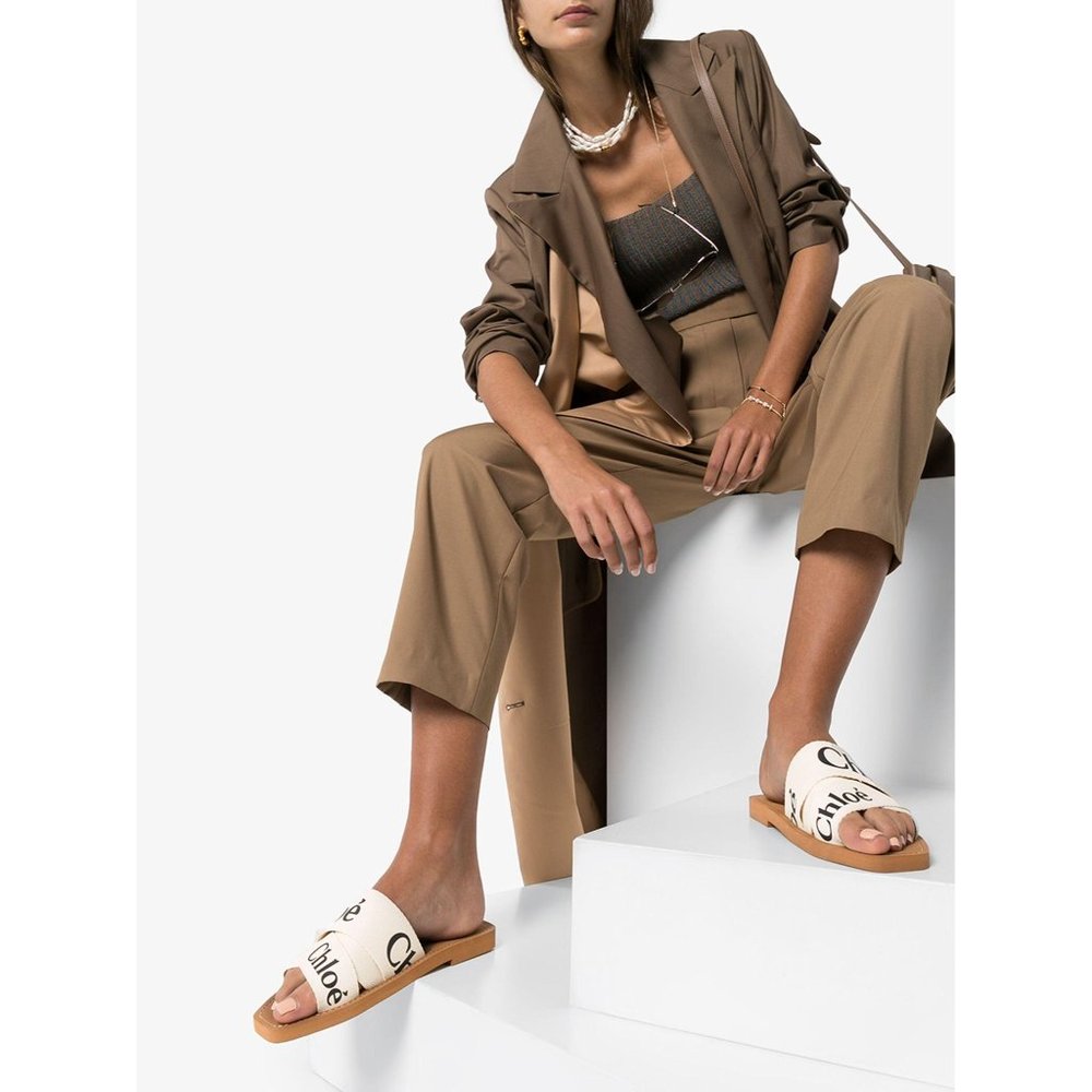 Chloé Brown Leather Slide Sandals with Cream Logo Straps - Picture 2 of 15